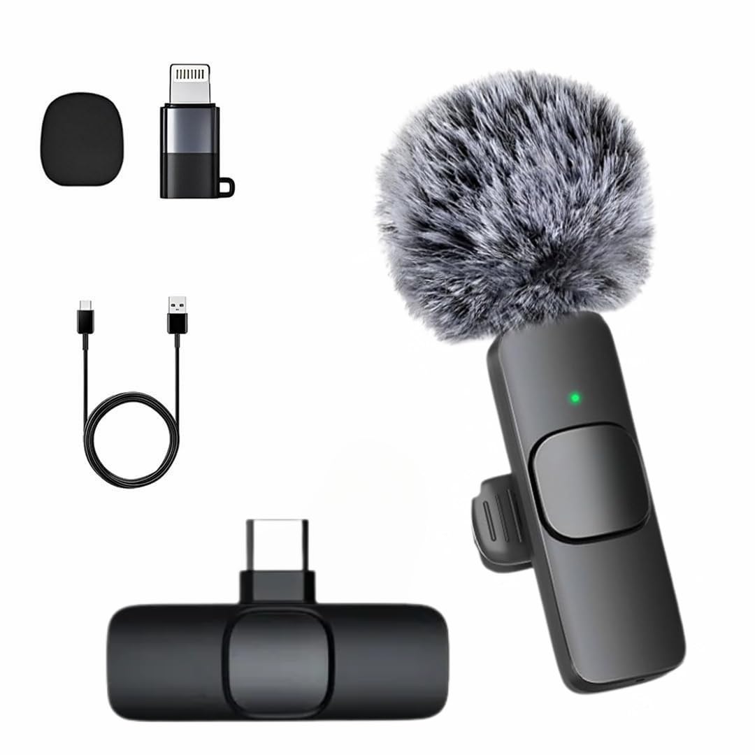 Furry K8 Wireless Lavalier Microphone, Bluetooth Collar Microphone for Type-C Android, Noise Canceling Mic for Vlogging, Clip-On for YouTube, Singing, Video Recording, Podcasting