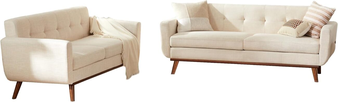 Kingfun 2 Piece Loveseat and Sofa Sets, Mid Century Modern Decor Love Seat Couches for Living Room, Button Tufted Upholstered Furniture, Easy to Install Small Couch for Bedroom, Office, Beige | linen fabric, button tufted, solid wood foot, pocket spring, wood slats frame