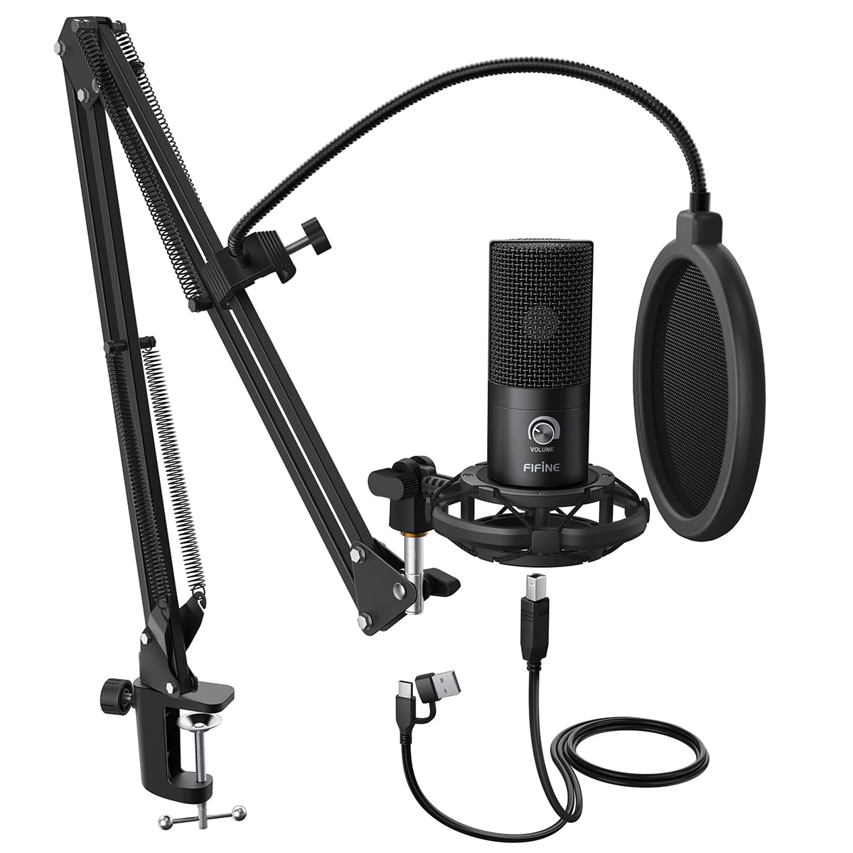 FIFINE T669 USB Condenser Mic Kit|Adjustable Scissor Arm Stand, Shock Mount, Dual Pop Filter|20kHz|Volume Knob|for PC Mac & Mobile (Adapter Needed)|Podcasting, Gaming, Singing & Live Streaming