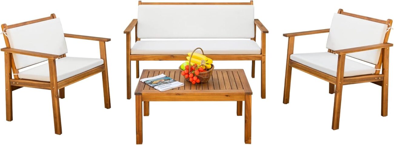 Devoko Patio Furniture 4 Piece Acacia Wood Outdoor Conversation Sofa Set with Table & Cushions Porch Chairs for Garden, Deck, Backyard, Natural