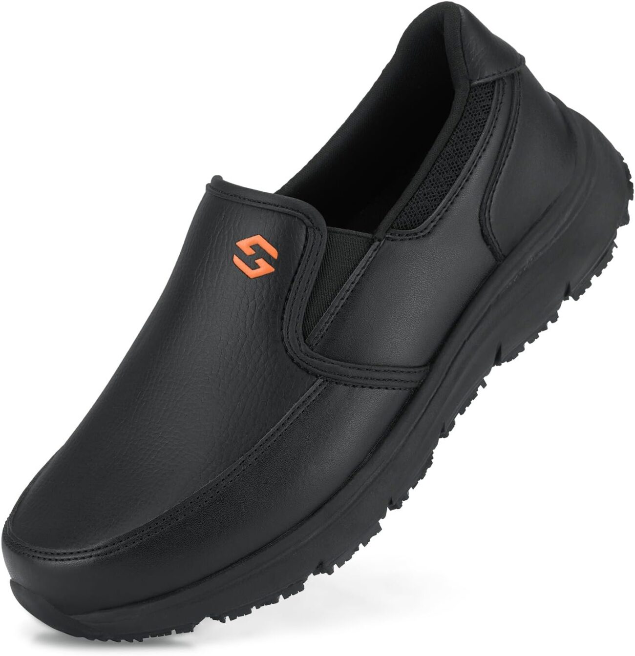 HISEA Non Slip Work Shoes for Men, Water & Oil Resistant Leather Slip on Kitchen Shoes, Comfortable Mens Slip Resistant Chef Shoes for Restaurant Food Service, Lightweight Walking Shoes, Black