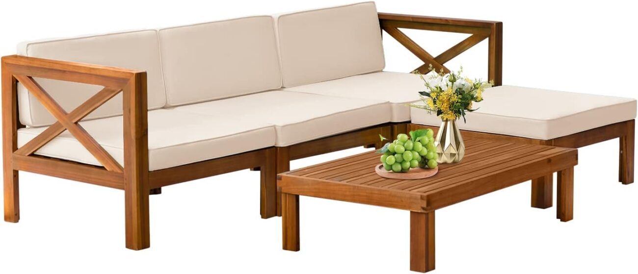 5-Piece Acacia Wood Outdoor Sofa Set Patio Bistro Set Furniture Outdoor Chat Conversation Table Chair Set with Water Resistant Cushions and Coffee Table for Beach Backyard Garden