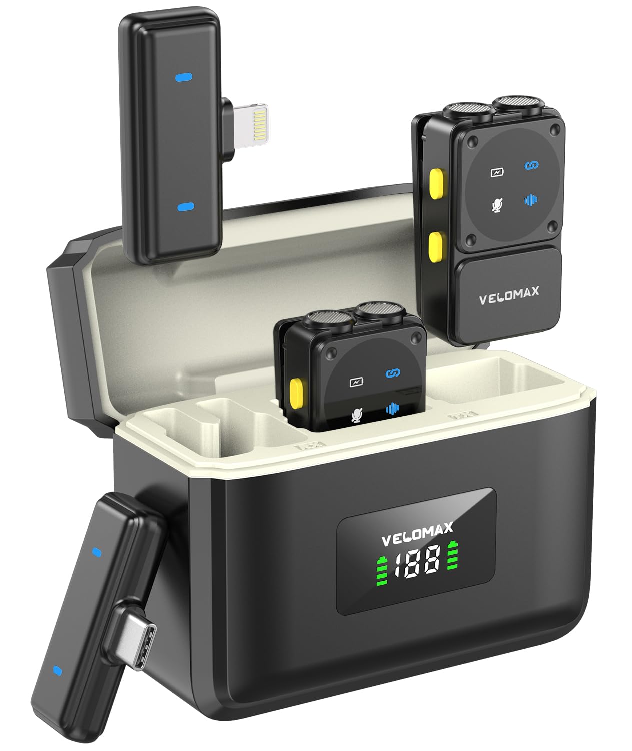 VELOMAX Dual Channel Radio Wireless Mic,One-Click Ultra Noise Cancellation Wireless Mic for YouTube,Bluetooth Microphone for Recording with 50 Hours Battery Life and 165FT Range-for Android/iOS