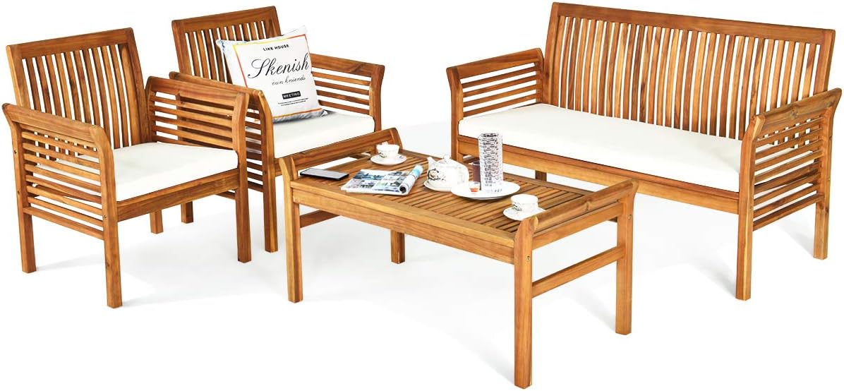 Tangkula 4 Piece Outdoor Acacia Wood Sofa Set with Water Resistant Cushions, Padded Patio Conversation Table Chair Set w/Coffee Table for Garden, Backyard, Poolside (1)