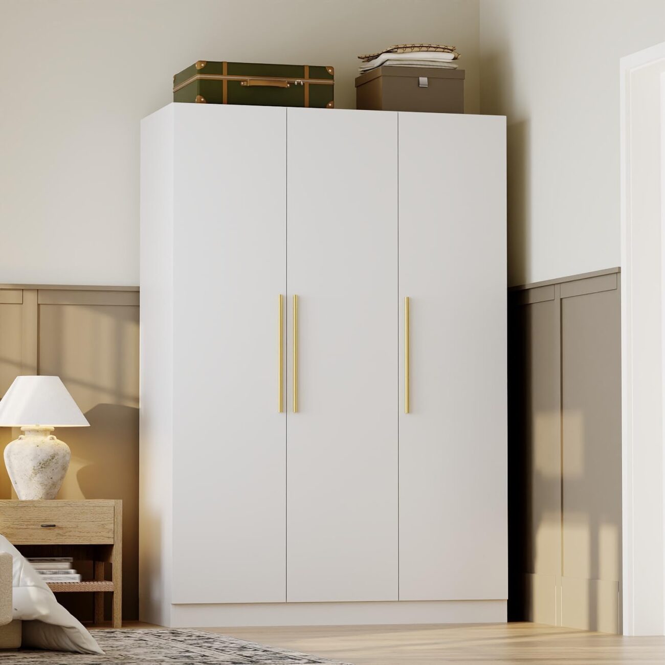 Lovinouse Almirah for Clothes, 70″ Tall Bedroom Storage Cabinet with Doors and Shelves, Modern Closet Storage Cabinet with Hanging Rod for Clothes, Large Standing Wardrobe Closet for Bedroom, White
