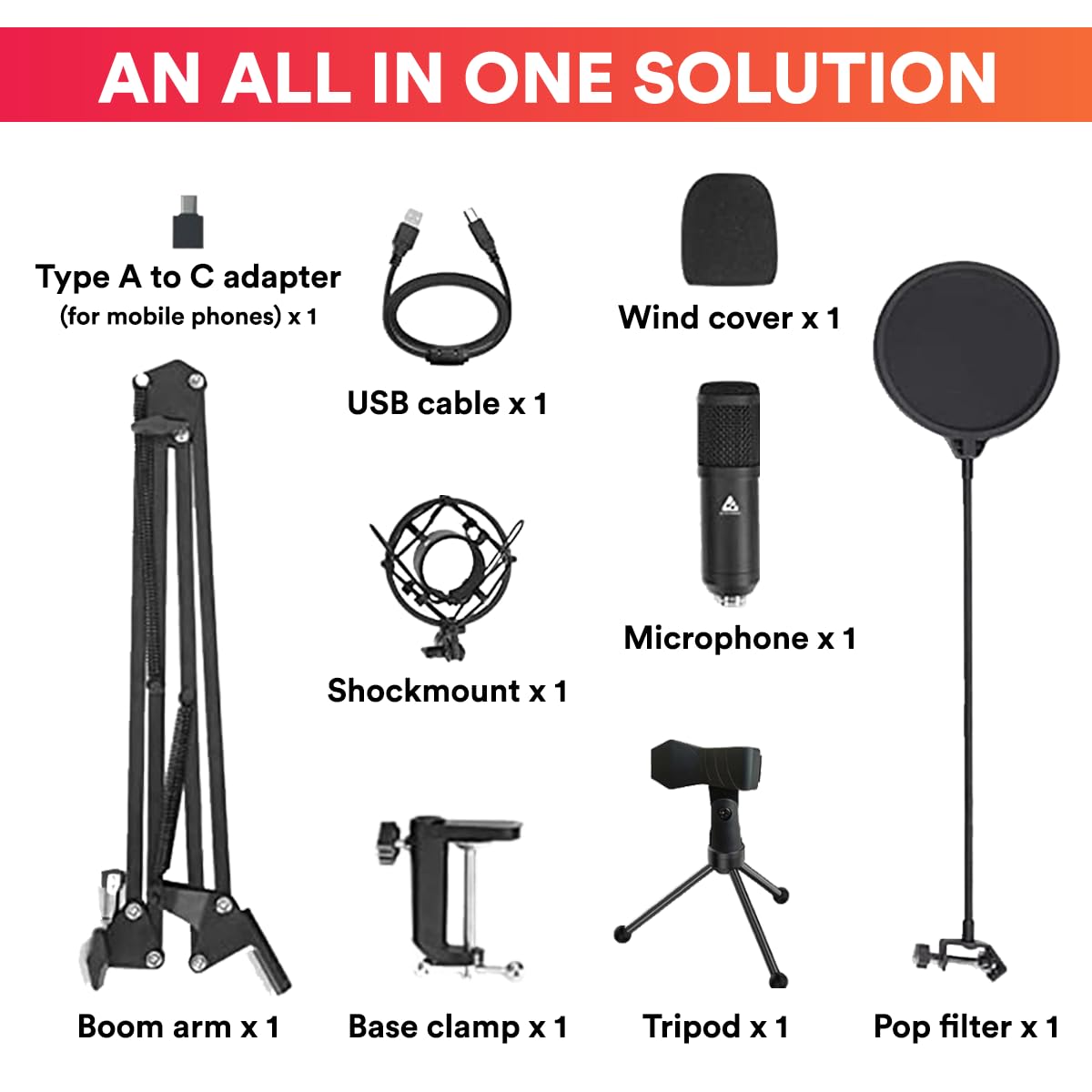 Audio Array AM-C1 USB Condenser Microphone Kit | for Podcasting, Online Meeting, Gaming, Singing & Live Streaming | Boom Arm, Pop Filter, Mic Cover, Spider Shock Mount, Tripod & 2.5M USB Cable