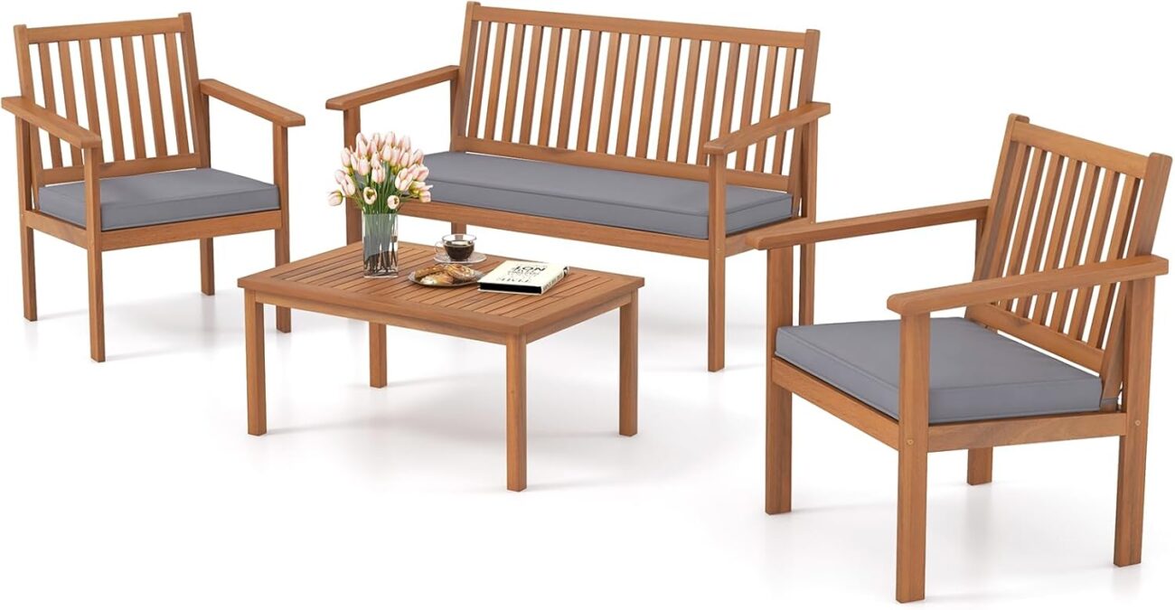Tangkula 4 Piece Patio Wood Furniture Set, Acacia Wood Sofa Set w/Loveseat, 2 Chairs & Coffee Table, Soft Seat Cushions, Outdoor Wood Furniture Set for Porch, Yard, Balcony (Gray)