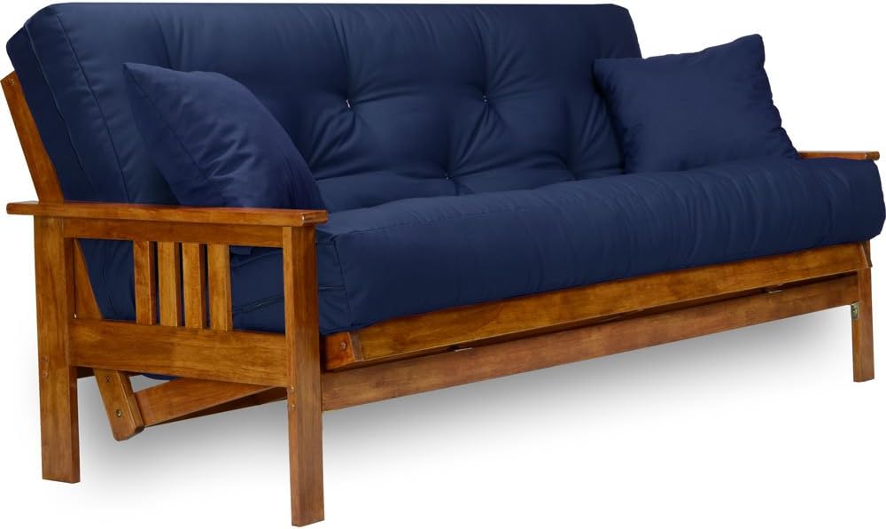 Nirvana Futons Stanford Futon Set – Full Size Futon Frame with Mattress Included (8 Inch Thick Mattress, Twill Navy Blue Color), Heavy Duty Wood, Popular Sofa Bed Choice
