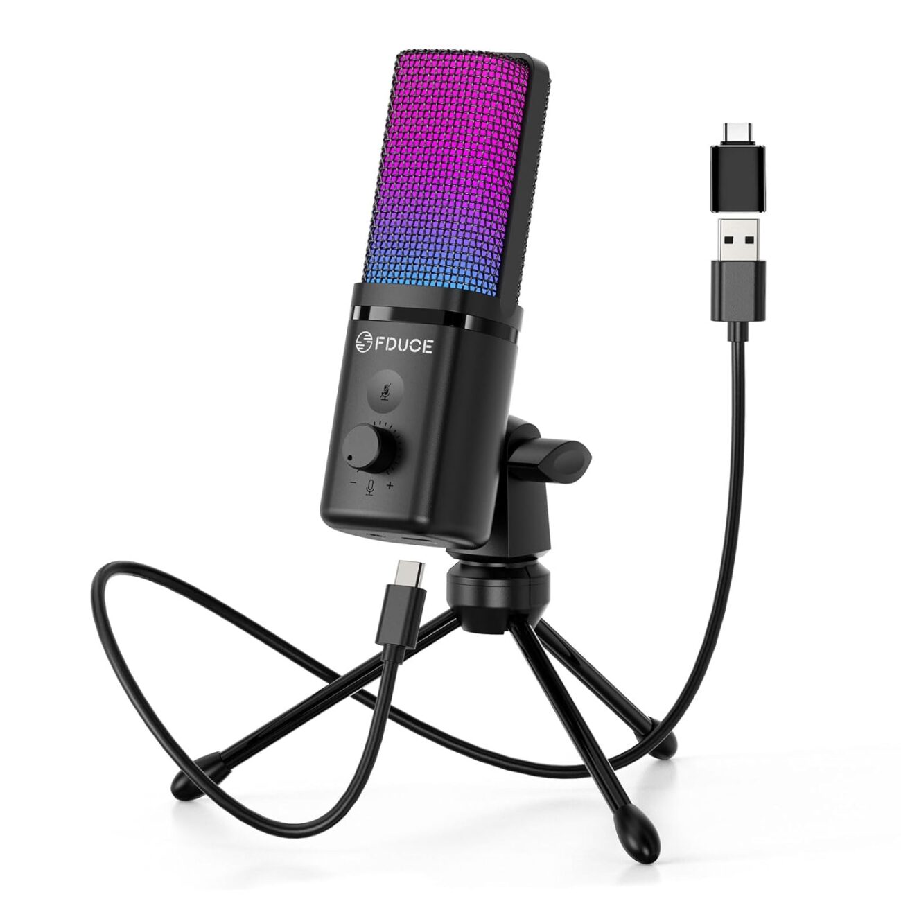 FDUCE M160 Gaming USB Microphone,RGB Condenser Microphone with Tripod,Volume Adjustment and Mute Button Function,Compatible with PC,Laptop,for Gaming,Podcasting,Streaming,YouTube