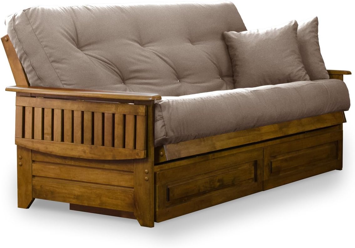 Nirvana Futons Brentwood Tray Arm Futon Frame, Drawers, and Microfiber Khaki Mattress Set – Queen, Heritage Finish