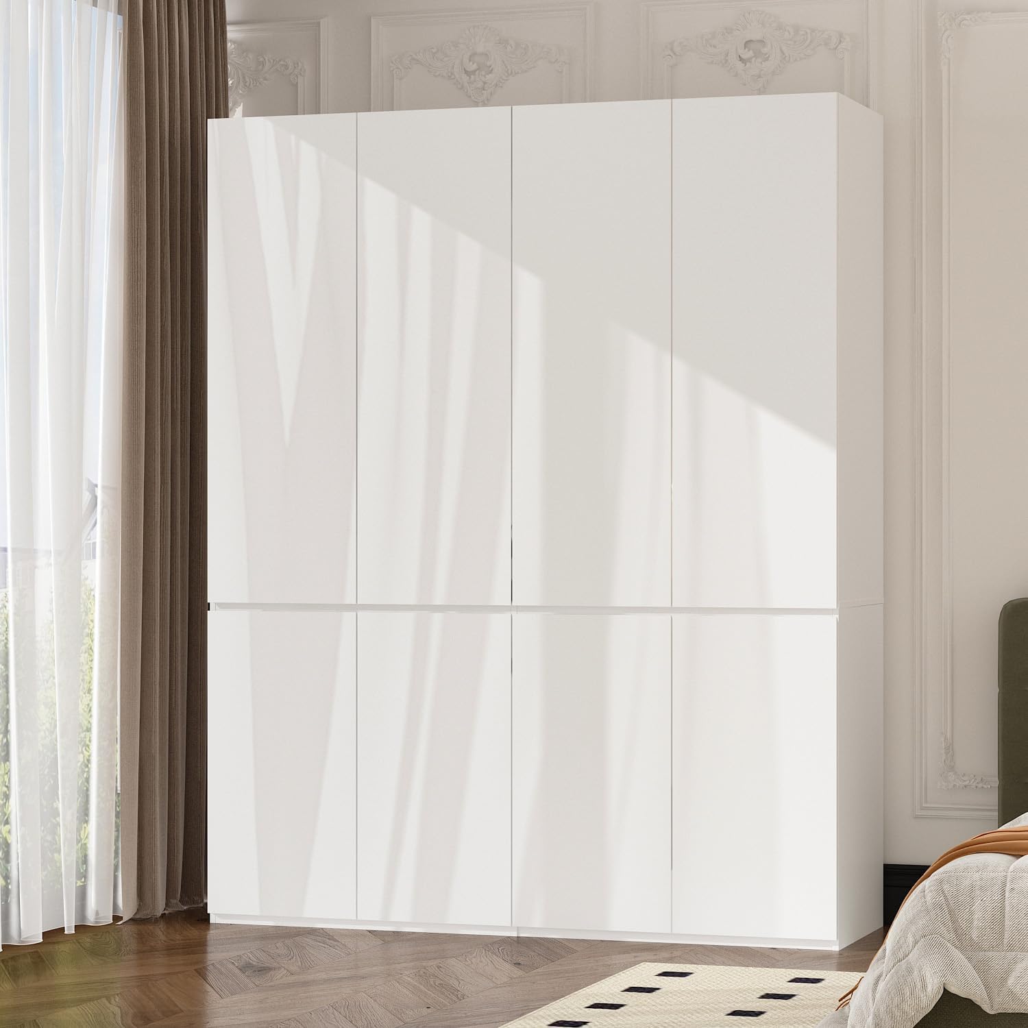 Lovinouse Almirah for Clothes, Storage Wardrobe Closet Cabinet, Clothes Closet with 2 Metal Hanging Rods, 8 Doors, 3 Drawers, 2 Shelves for Bedroom, White, 19.7″ D x 63″ W x 78.7″ H