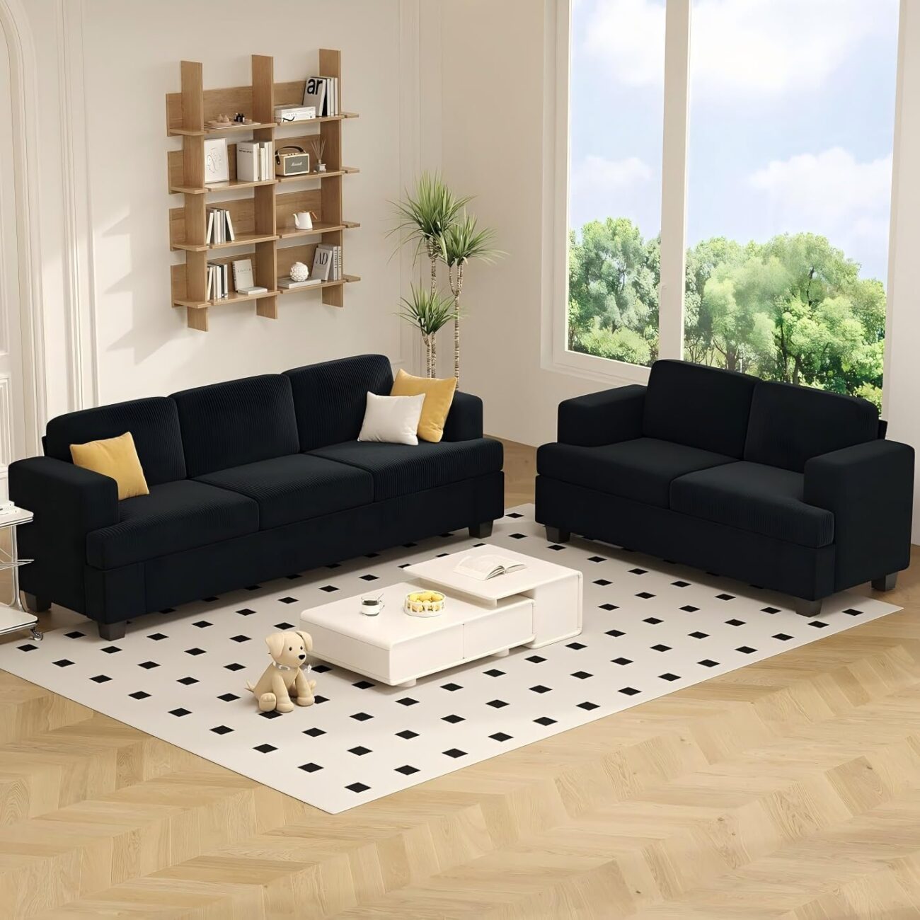 Apicizon Loveseat & 3 Seater Sofa Sets, 89″ Couch Sofa Set for Living Room Furniture, 2 Piece Modern Sleeper Sofa with Deep Seat Cloud Couch for Apartment Lounge, Black Corduroy