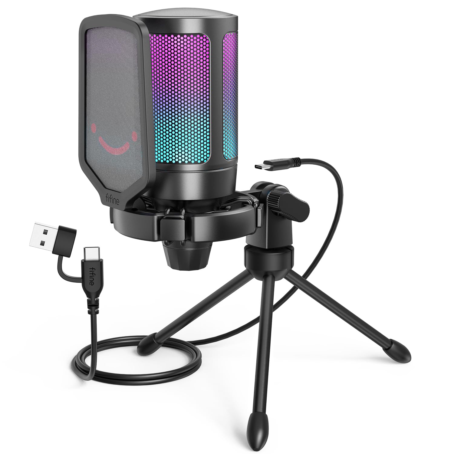 FIFINE A6V USB Gaming Condenser Microphone with RGB, Quick Mute, Pop Filter, Shock Mount & Gain Control – Ideal for PC, PS5, Streaming, Discord, Twitch, Podcasts & Videos|Black