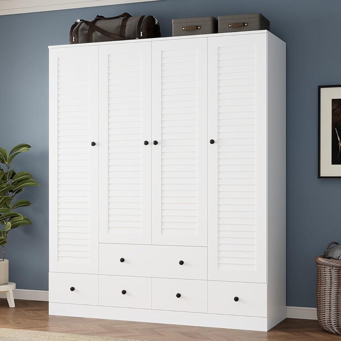 Lovinouse Almirah for Clothes, Tall White Bedroom Storage Wardrobe Closet Cabinet with Louvered Doors and Shelves, Large Wide Standing Wardrobe Clothes Closet with Hanging Rod and Drawers for Bedroom