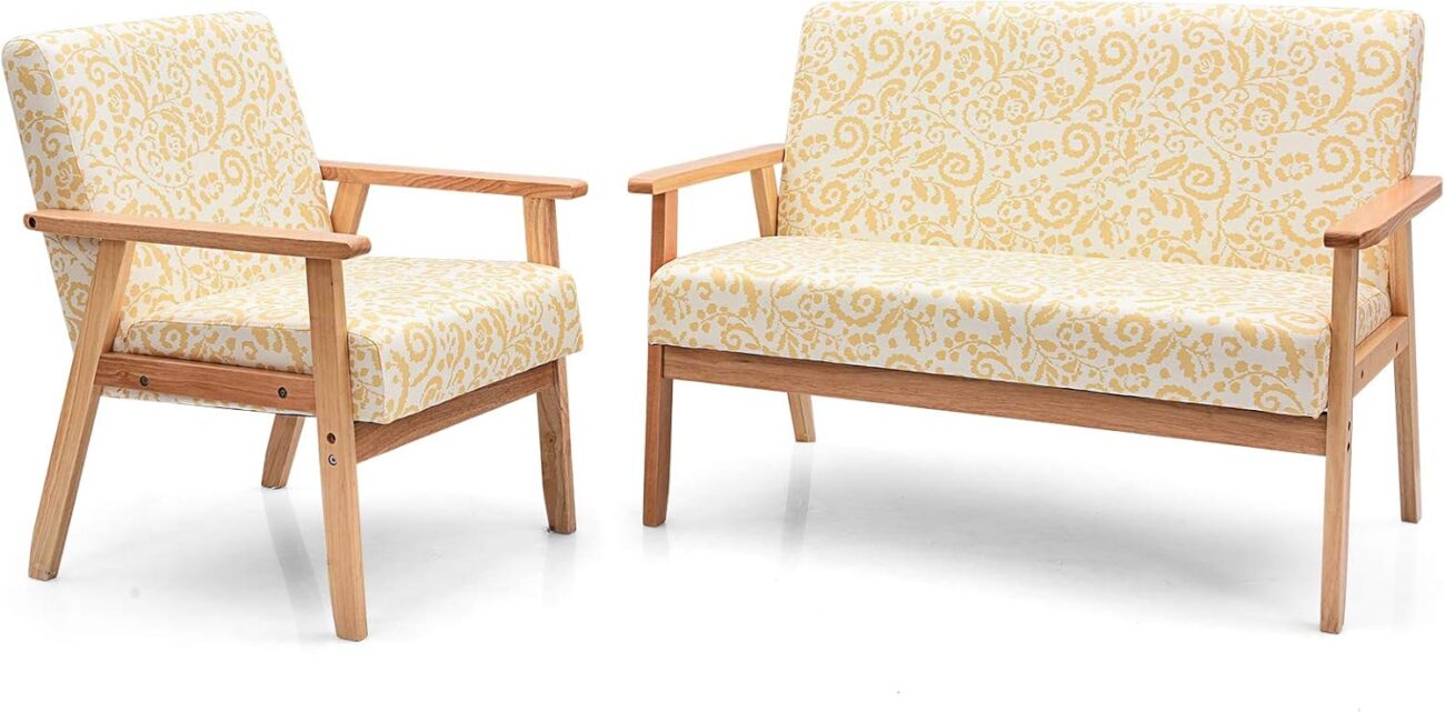 Giantex Mid-Century Wooden Loveseat Accent Chair Set, Upholstered Wooden Lounge Accent Chair w/Rubber Wood, Pretty Pattern, 2-Seat Arm Sofa Couch Living Room Furniture Set