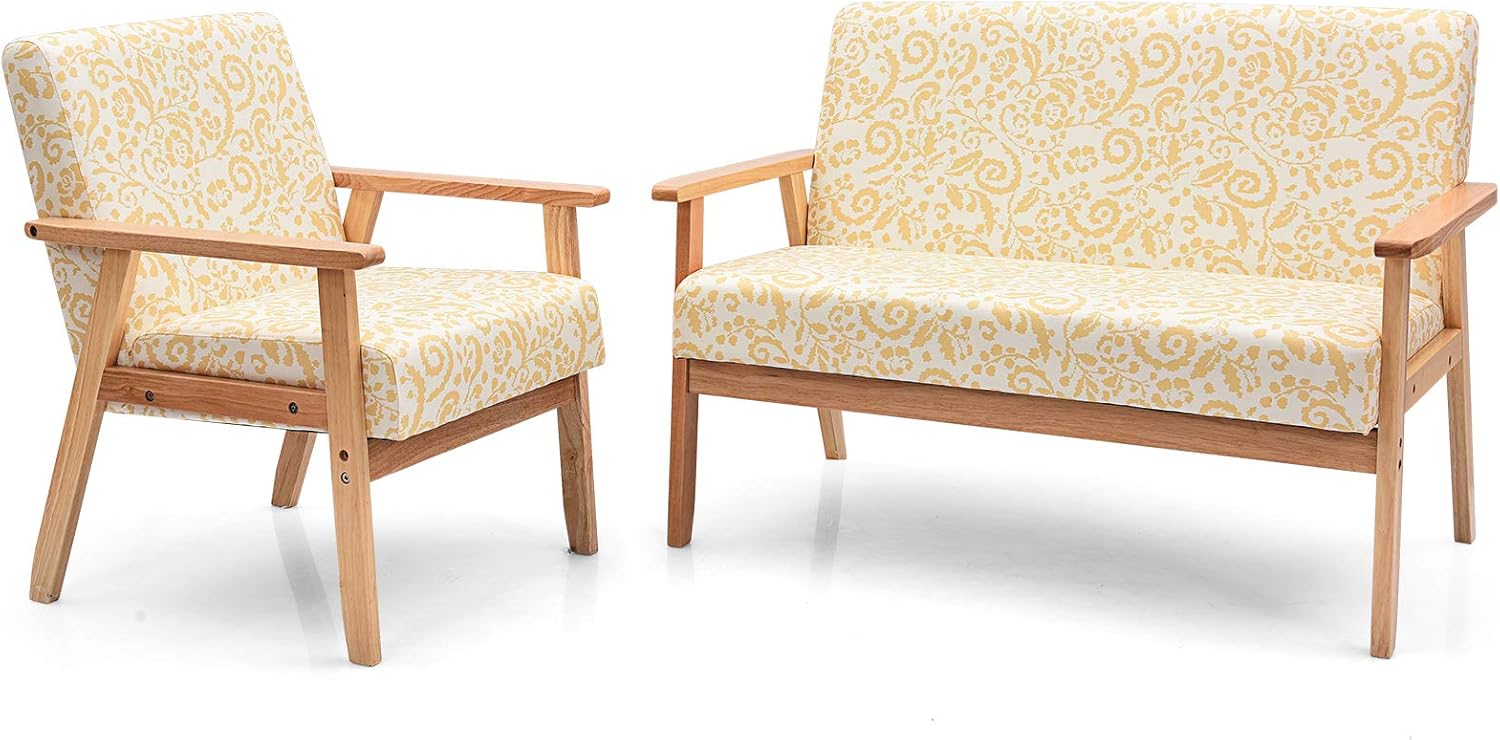 Giantex Mid-Century Wooden Loveseat Accent Chair Set, Upholstered Wooden Lounge Accent Chair w/Rubber Wood, Pretty Pattern, 2-Seat Arm Sofa Couch Living Room Furniture Set