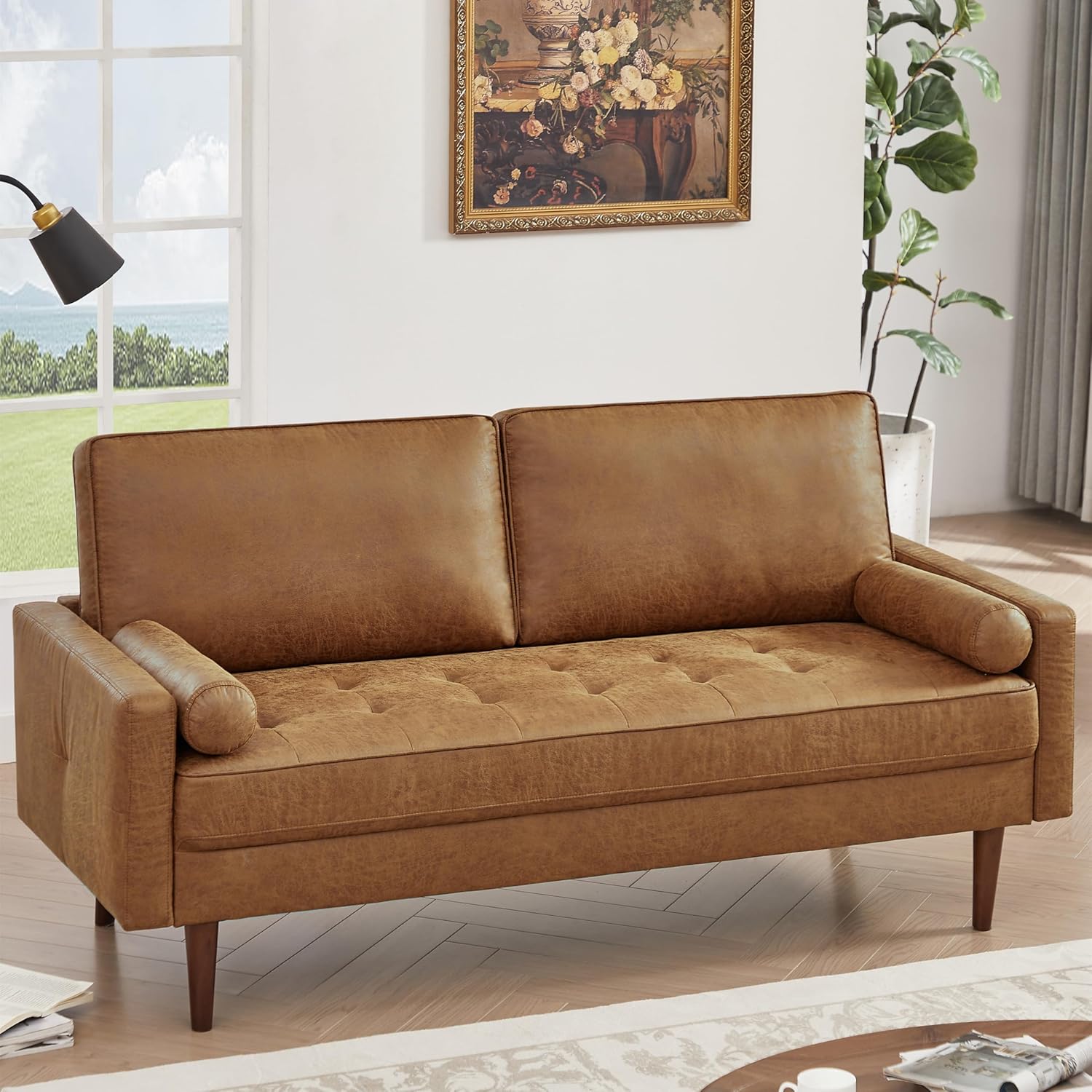 HIFIT 58″ Loveseat Sofa Couch, Mid Century Modern Faux Leather Couch with Hand-Sewn Deep Love Seat & 2Pillows, Home Sofa Living Room Small Couches for Small Space,Bedroom,Office,Solid Wood Frame,Brown