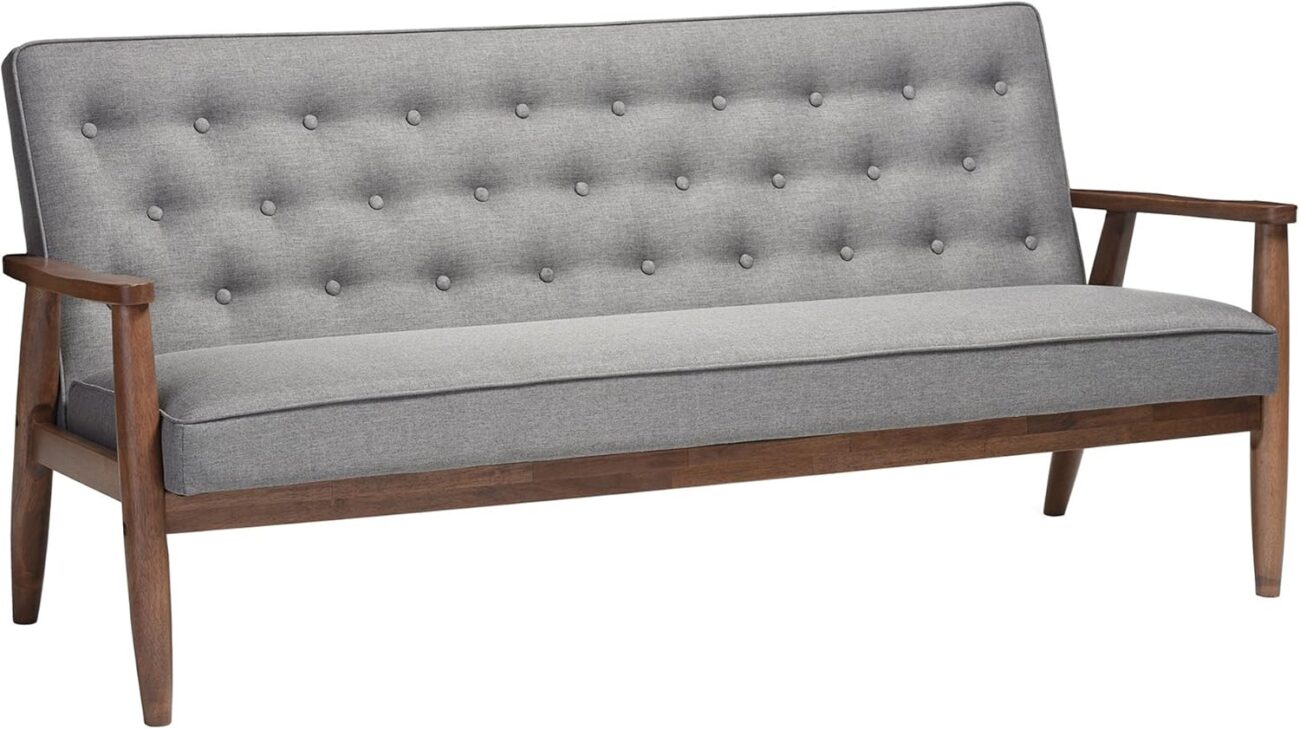 Baxton Studio Sorrento Mid-Century Retro Modern Fabric Upholstered Wooden 3-Seater Sofa, Grey 70.59 x 29.45 x 32.96