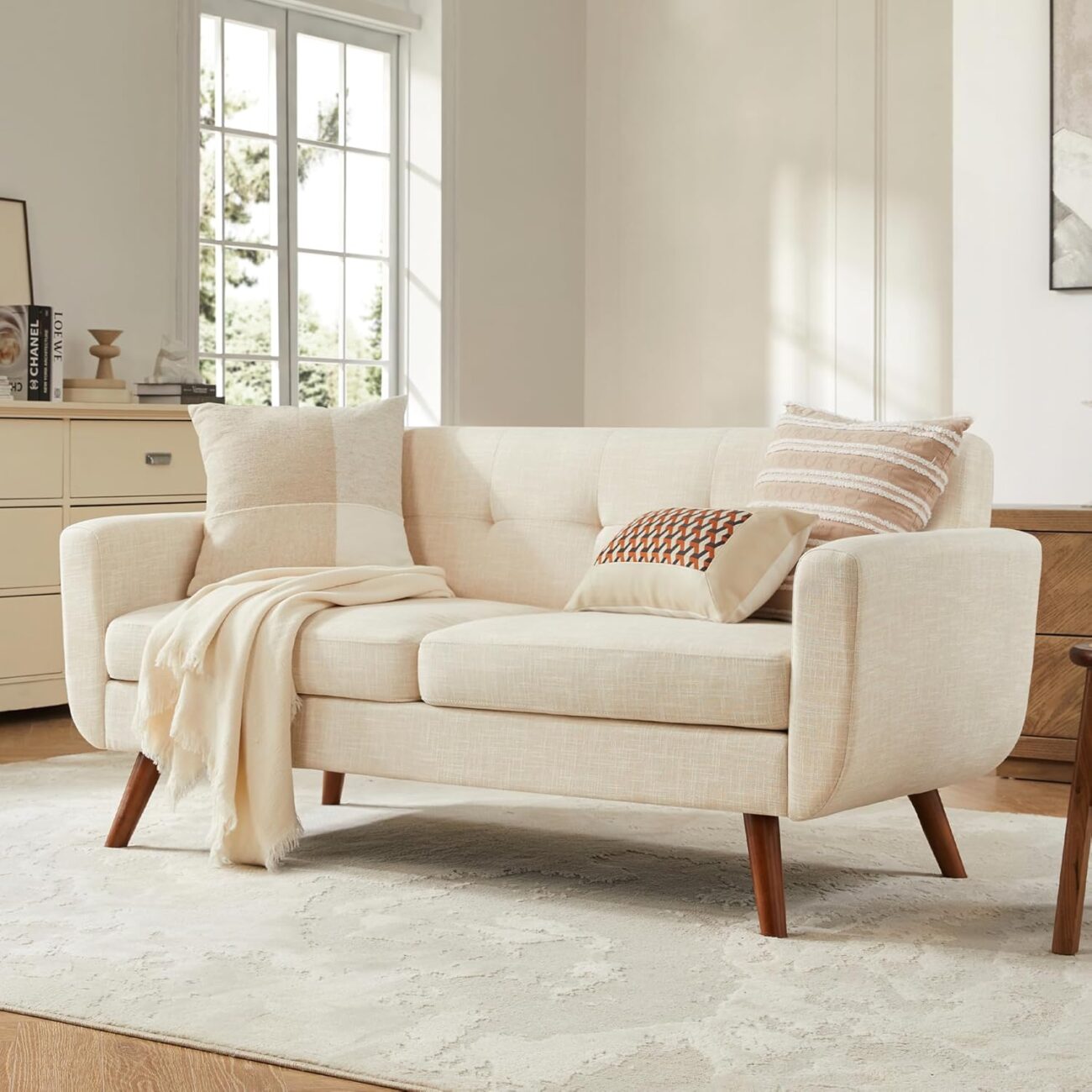 Tbfit 65″ W Loveseat Sofa, Mid Century Modern Decor Love Seat Couches for Living Room, Button Tufted Upholstered Small Couch for Bedroom, Solid and Easy to Install Love Seats Furniture, Beige | linen fabric, button tufted, solid wood foot, pocket spring, wood slats frame