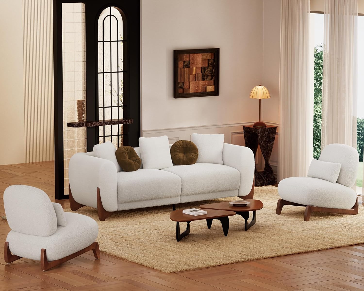 Morden Fort 3 Piece Cloud Couch Set, Modern Sherpa Boucle Sofa Set with Wood Legs, Skin-Friendly Minimalist Upholstered Comfy Couch Sofas for Living Room, 3-Seater Sofa & 2 Chairs, Off White