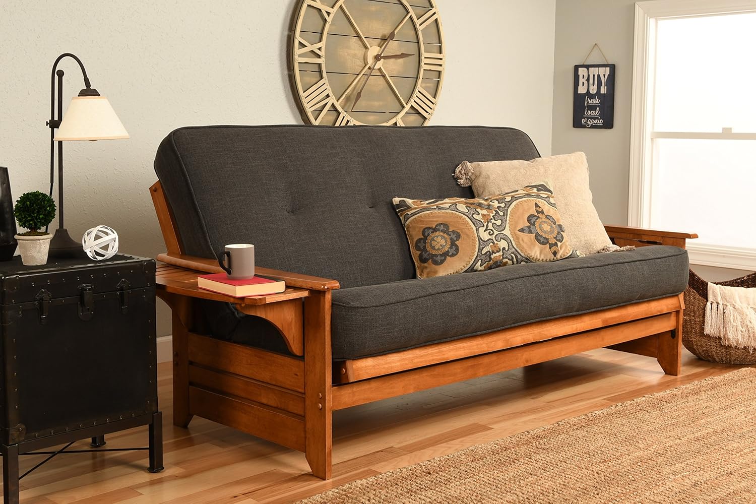 Phoenix Full Size Futon Couch with Linen Fabric Mattress Included – Wooden Frame – Solid Hardwood Construction