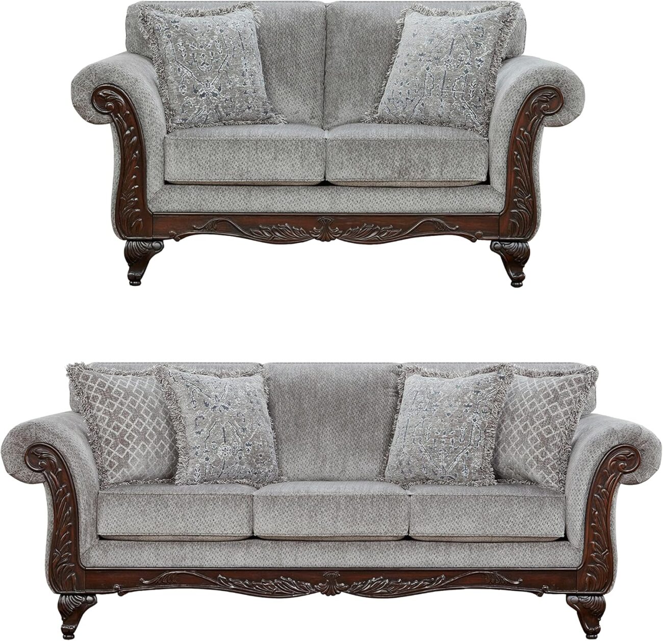 Hernen 2-Piece Living Room Set, Carved Wood Frame Sofa and Loveseat, Gray