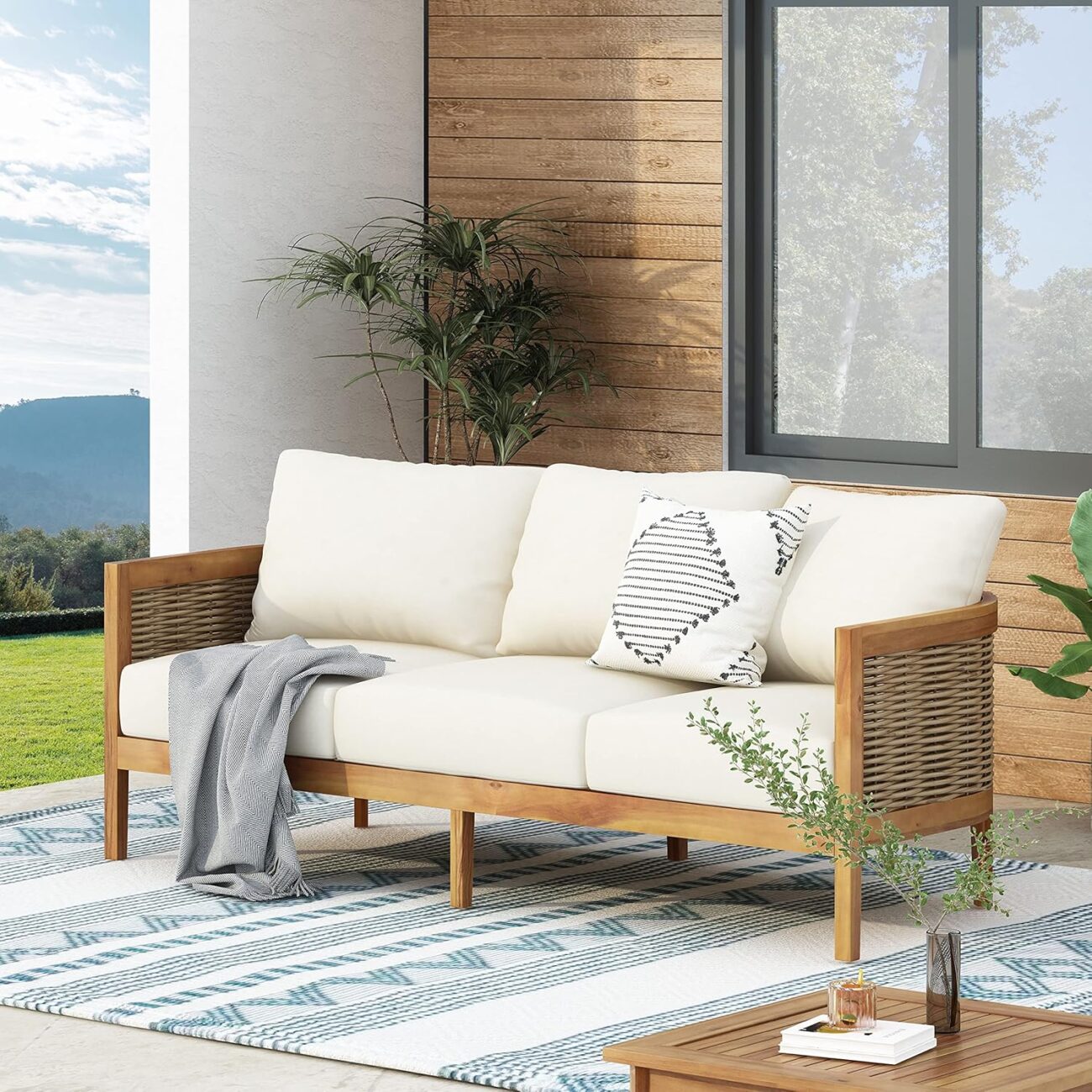 Merax 76.5″ Outdoor Acacia Wood Wicker 3 Seater Sofa, Patio Furniture Couch for Backyard