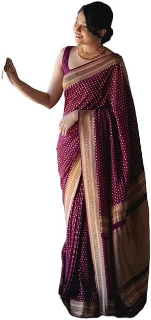 Indian Women’s Kanjivaram Soft Silk Banarasi Saree with Blouse Piece – Traditional Party Wear, Wedding & Festive Saree for Women | Rich Ethnic Design | Wine Color | Pack of 1