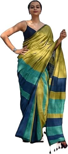 Traditional Indian Handloom Pure Cotton Saree With Multicolour Design Including Blouse Casual Wear