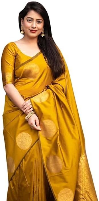 Indian Women’s Banarasi Soft Silk Saree Kanjivaram Style With Blouse Piece For Partywear Wedding Gift Item Pack of 1 (Yellow)