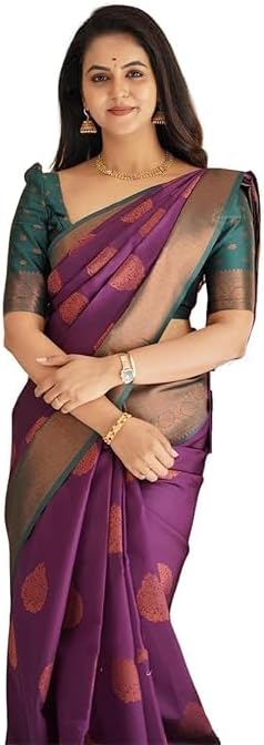 Indian Women’s Kanjivaram Soft Lichi Silk Saree With Blouse Piece Partywear Sari Item Indian Gift Item Pack Of 1 (Purple 01)
