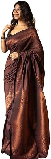 Women’s Kanjivaram Soft Cotton Linen Silk Saree With Blouse Piece | Designer Partywear Indian Sari for Festive & Casual Wear | Indian Gift Item | Brown (Pack of 1)