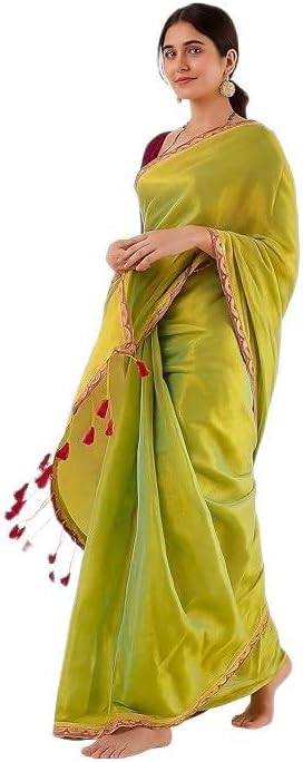Indian Women’s Chanderi Silk Solid Lace Border Saree with Unstitched Blouse Piece | Light Green Party Wear, Festive & Wedding Ethnic Sari | Diwali Gift Item | Pack of 1