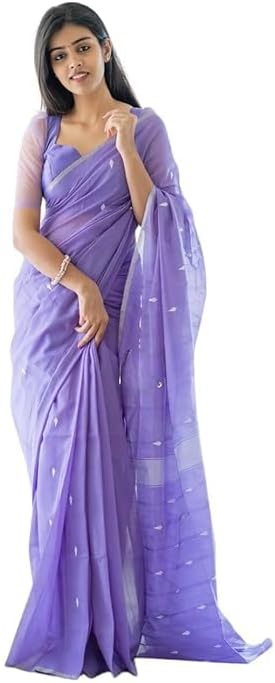 Indian Women’s Kanjivaram Soft Cotton Linen Silk Saree with Unstitched Blouse Piece | Traditional Wedding, Party & Festive Wear | Light Purple | Pack of 1