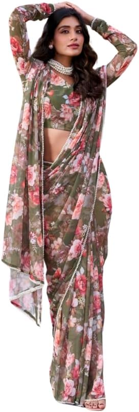 DREAM STYLE Women’s Georgette Floral Printed Saree For Women With Unstitch Blouse Piece