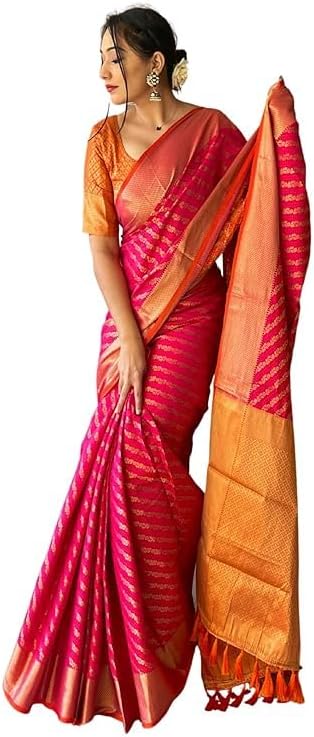 Women’s Leriya Patola Soft Lichi Silk Banarasi Saree with Unstitched Blouse Piece | Designer Partywear Indian Sari for Wedding & Festive | Pink Colour (Pack of 1)