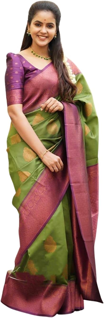 SGF11 Women’s Kanjivaram Soft Lichi Silk Saree With Blouse Piece (Green New Look)
