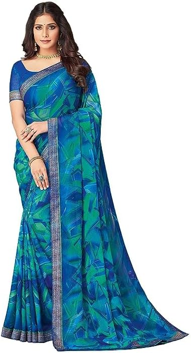 Women’s Lace & Printed Chiffon Saree with Unstitched Blouse Piece