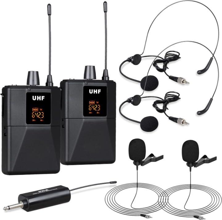 kh UHF Wireless Microphone System Portable Professional Cordless Microphone Set with 2 Headset, 2 Lavalier, 2 Beltpack Transmitter, 1 Receiver – Karaoke & Conference (2 Headset 2 Collar)