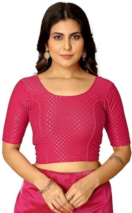 Women Readymade Saree Blouse with Short Sleeves, Stretchable Ethnic Blouse for Daily & Festive Comfortable Fit to All