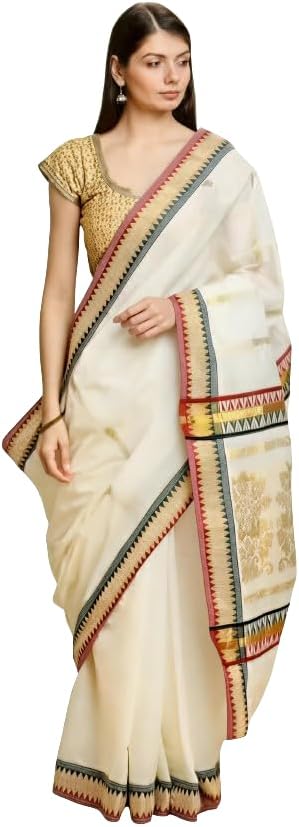 Kerala Saree For Women – Pure Cotton Saree Golden Temple Border With Running Blouse Piece