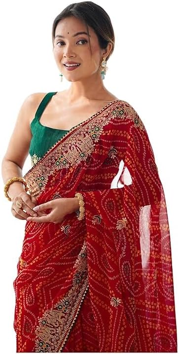 Women’s Georgette Bandhani Printed Sequence Embroidery Lace Saree With Unstitched Blouse Piece