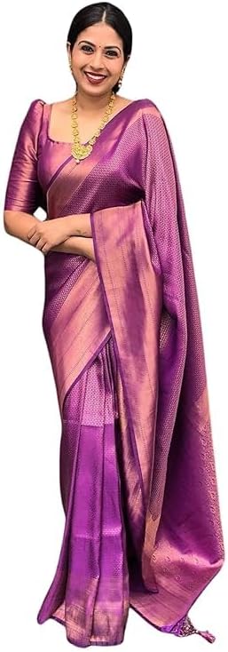 Women’s Kubera Pattu Semi Soft Silk Saree with Zari Weaving All Over & Blouse Piece | Designer Partywear Indian Sari for Wedding & Festive | Purple Colour (Pack of 1)