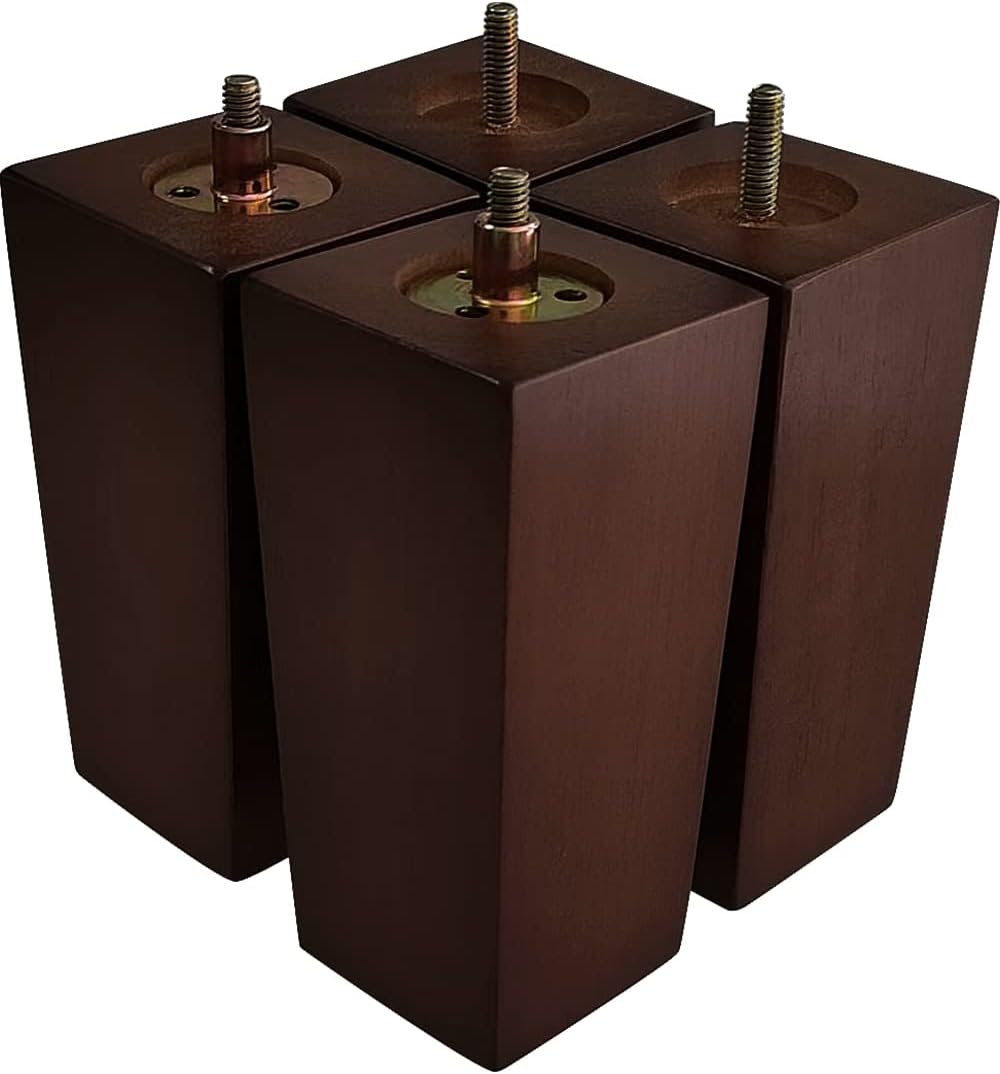 6 Inch Wooden Sofa Legs Set of 4, Brown Square Wood Furniture Feet Couch Legs, Mid Century Modern Dresser Replacement Feet for Chair Cabinet Armchair Recliner Table Or Home DIY Projects Bun Feet