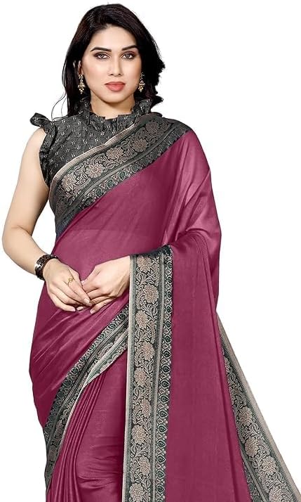 Indian Women’s Chiffon Floral Border-Palav Printed Saree with Blouse Piece Partywear Item Diwali Gift Item Pack Of 1 (Magenta, Grey)