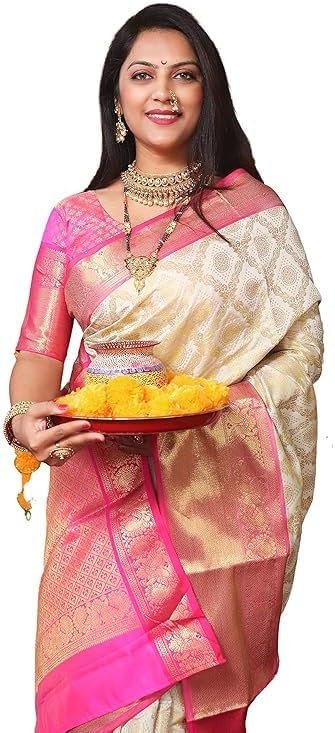 Women’s Kanjivaram Pure Soft Silk Handloom Saree | Pure Golden Zari With Blouse Piece | Designer Partywear Indian Sari for Wedding, Festival & Evening Wear | Multicolor (Pack of 1)