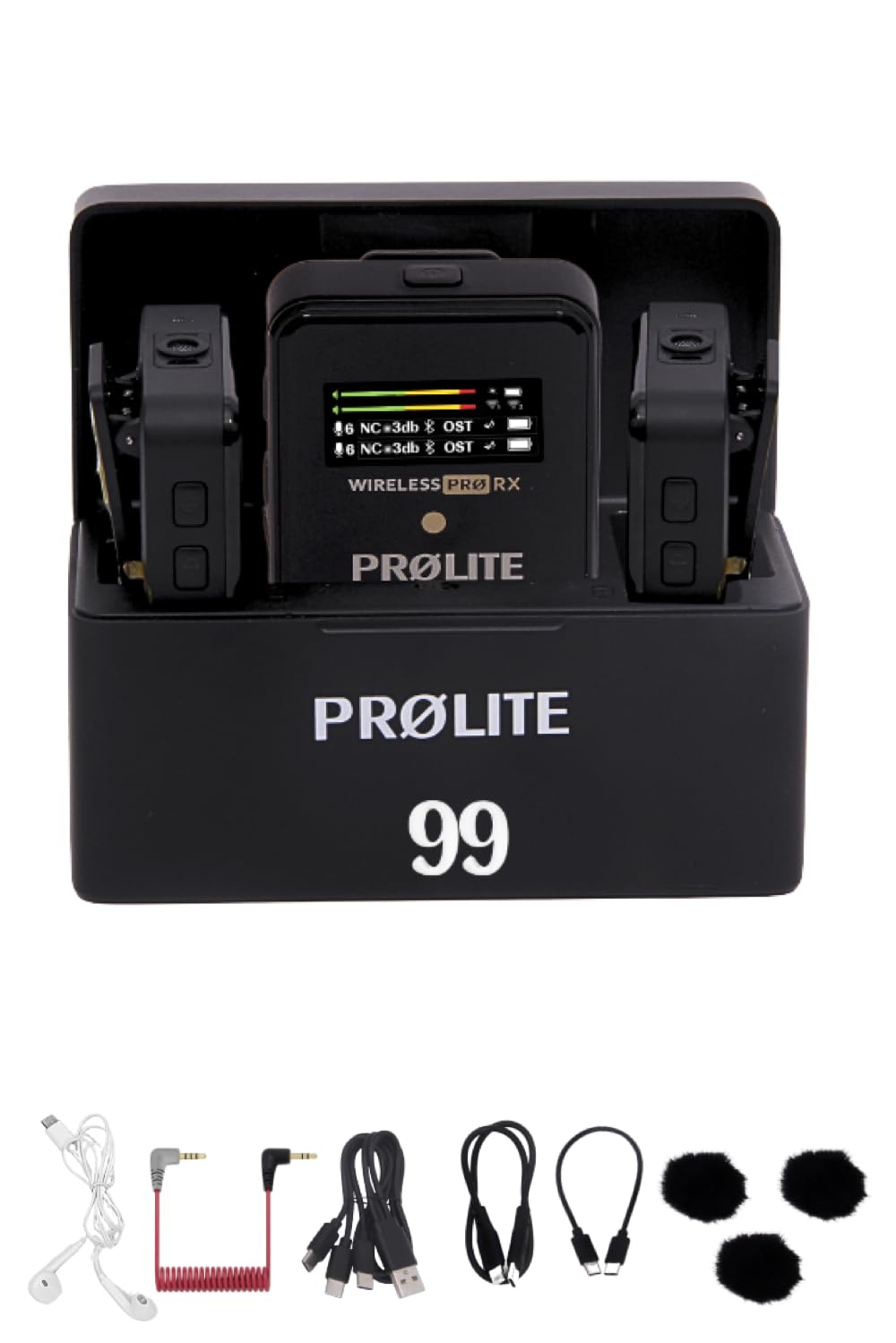 Prolite Wireless Microphone System PRØ X2 (with Charging Case) | 1RX, 2TX | Compatible with Camera, Mobile | with Karaoke Function, Noise Cancellation, Bluetooth Music, in-Built Battery