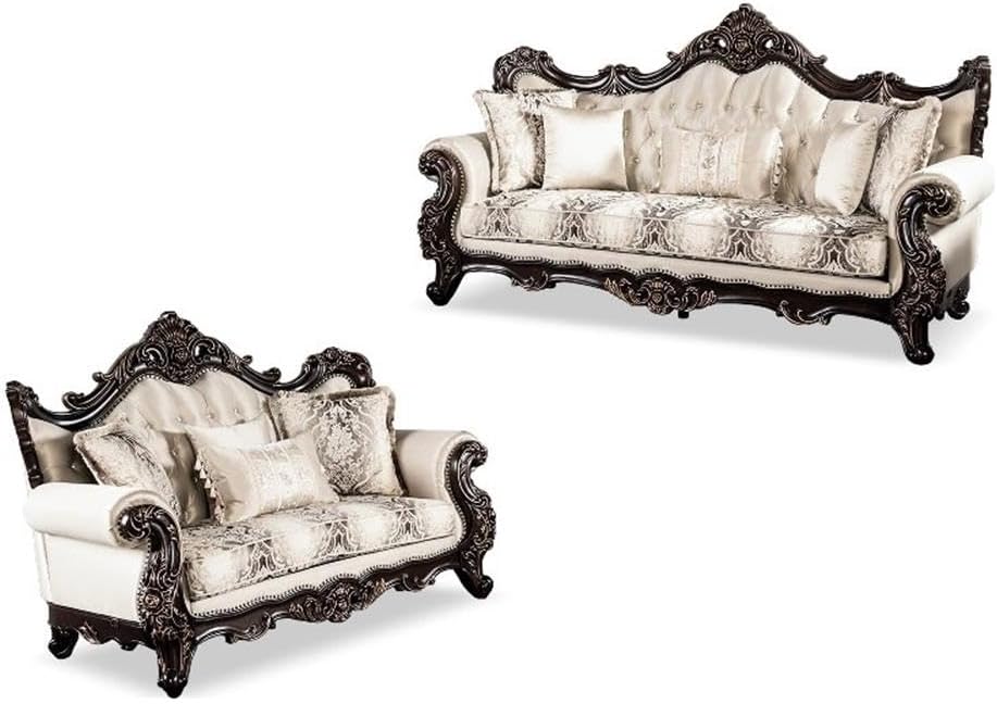 Furniture of America Zephyra Traditional 2-Piece Faux Leather Upholstered Sofa Set with Rolled Arms and Accent Pillows, Wooden Loveseat and Couch for Living Room, Office, Bedroom, Dark Cherry/Beige