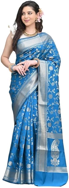 Women’s Banarasi Kanjivaram Silk Saree with Blouse | Traditional Festival, Party & Wedding Wear | Elegant Indian Ethnic Saree | Diwali Gift Item | Sky Blue
