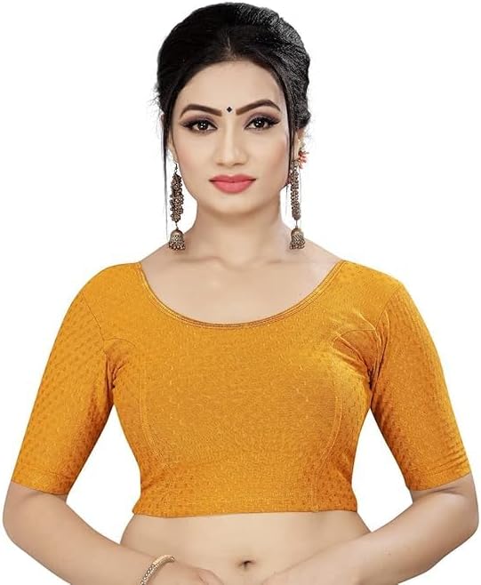 Round Neck Dobby Cotton Lycra Stretchable Elbow Sleeve Readymade Saree Blouse for Women Stylish